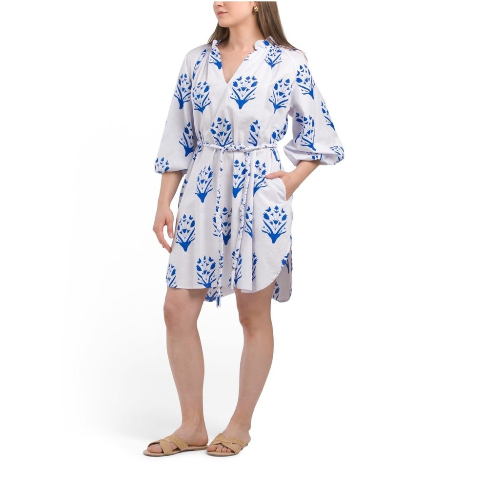 Caryn Lawn White Blue Floral Block Print Balloon Sleeve Belted‎ Dress OSFM